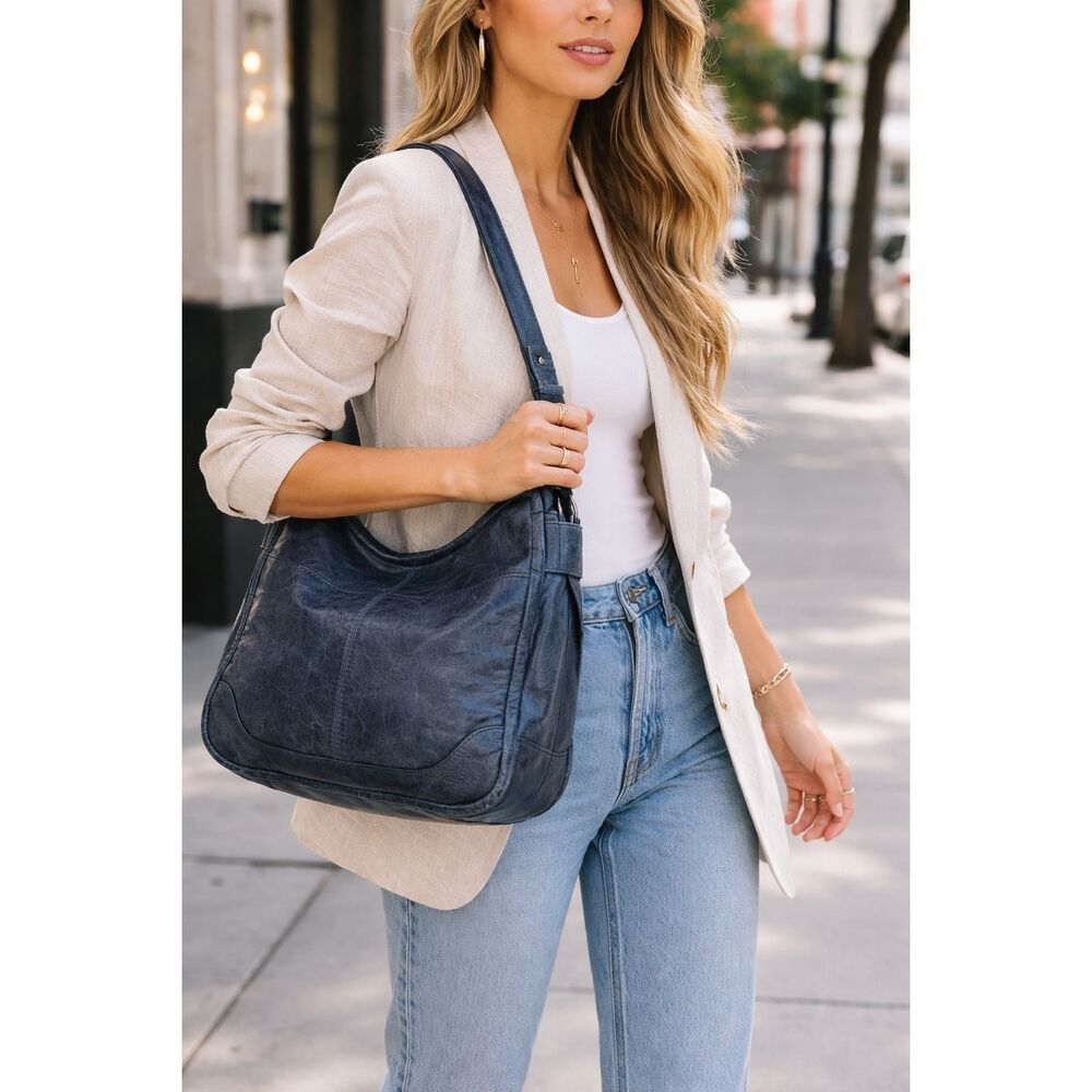 Frye Navy Leather Hobo Shoulder Bag Slouchy Distressed Boho